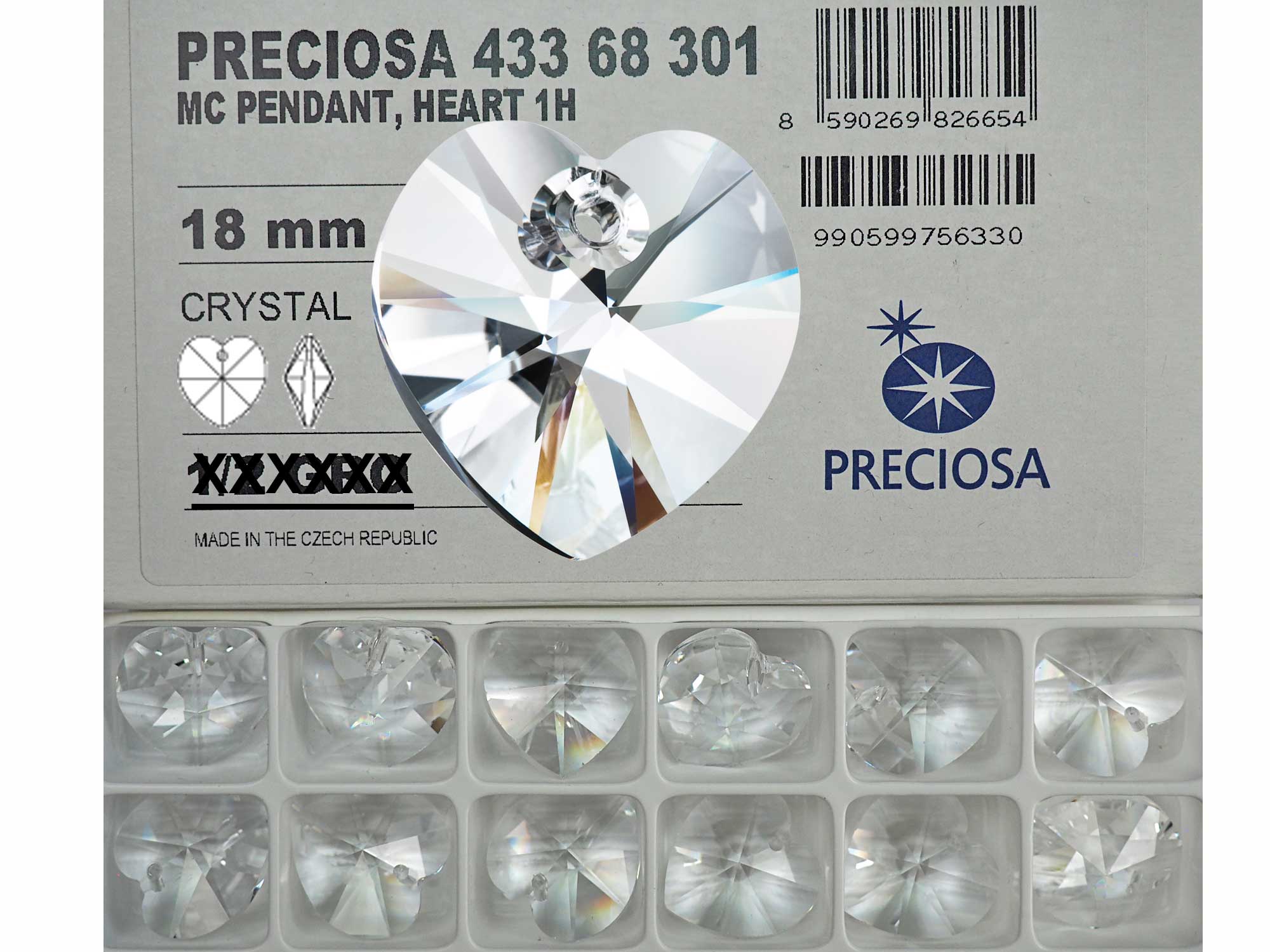 Crystal clear, Preciosa Genuine Czech Crystals, 1-Hole Heart Pendants 18mm (top drilled), 4pcs