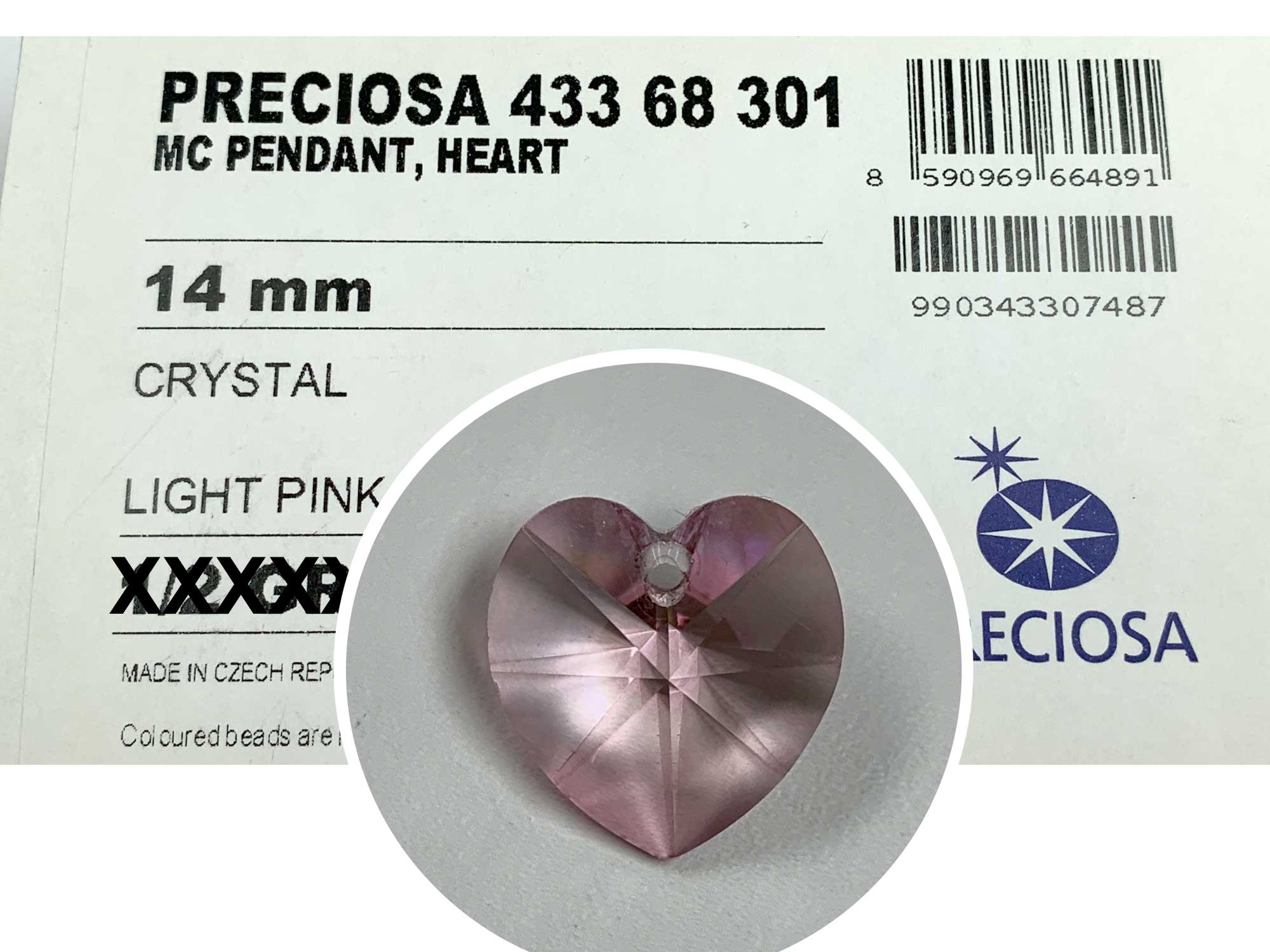 Crystal Light Pink Preciosa Genuine Czech Crystals 1-Hole Top Drilled Heart Pendants 14mm 6pcs P661