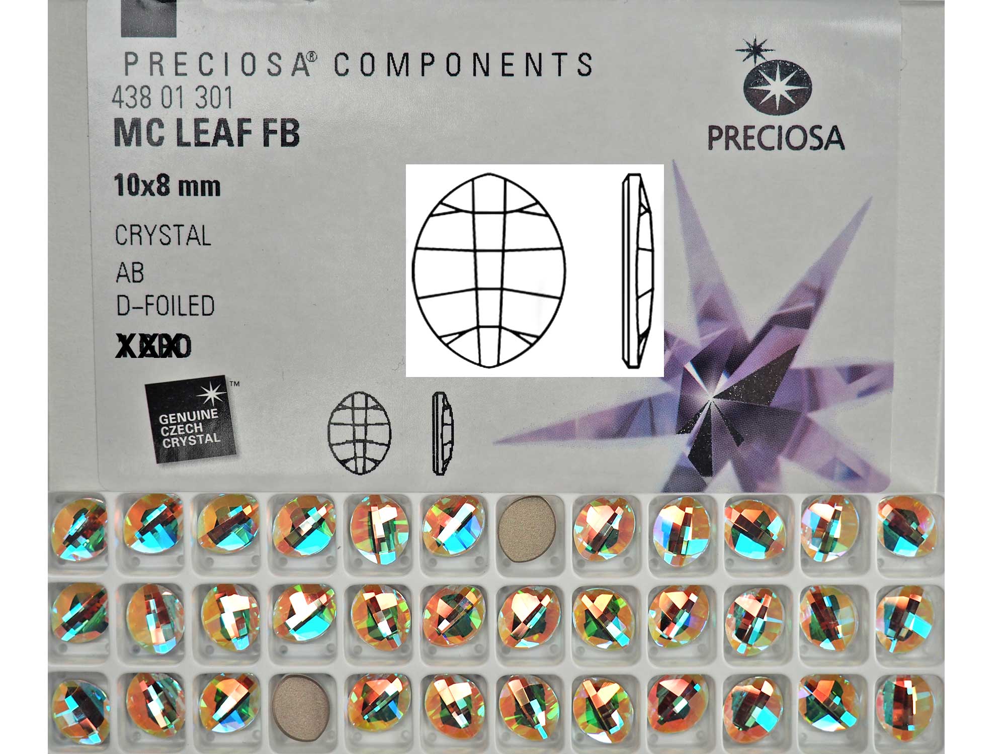 Crystal AB , Preciosa MC LEAF Maxima Flatback Article 438-01-301, Size 10x8mm, 14x11mm, Genuine Czech Crystals, clear with Aurora Borealis coating