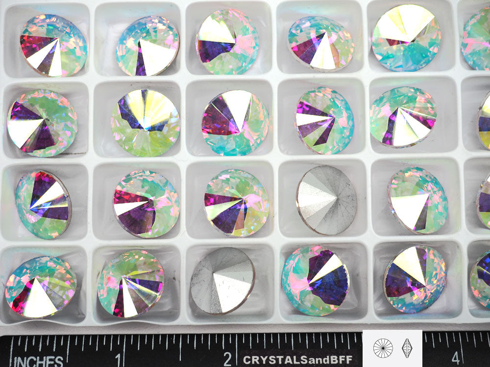Crystal AB, Preciosa Czech MC Rivoli Pointed Back Stones in size 16mm, 12 pieces, Clear coated with Aurora Borealis, Foiled