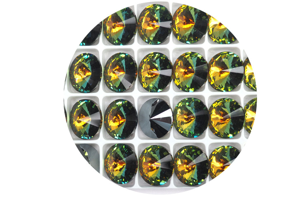 Crystal Sahara, Preciosa Czech MC Rivoli Stones in size 16mm, 12 pieces, Clear multi yellow and green coated