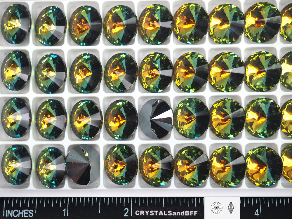 Crystal Sahara, Preciosa Czech MC Rivoli Stones in size 16mm, 12 pieces, Clear multi yellow and green coated