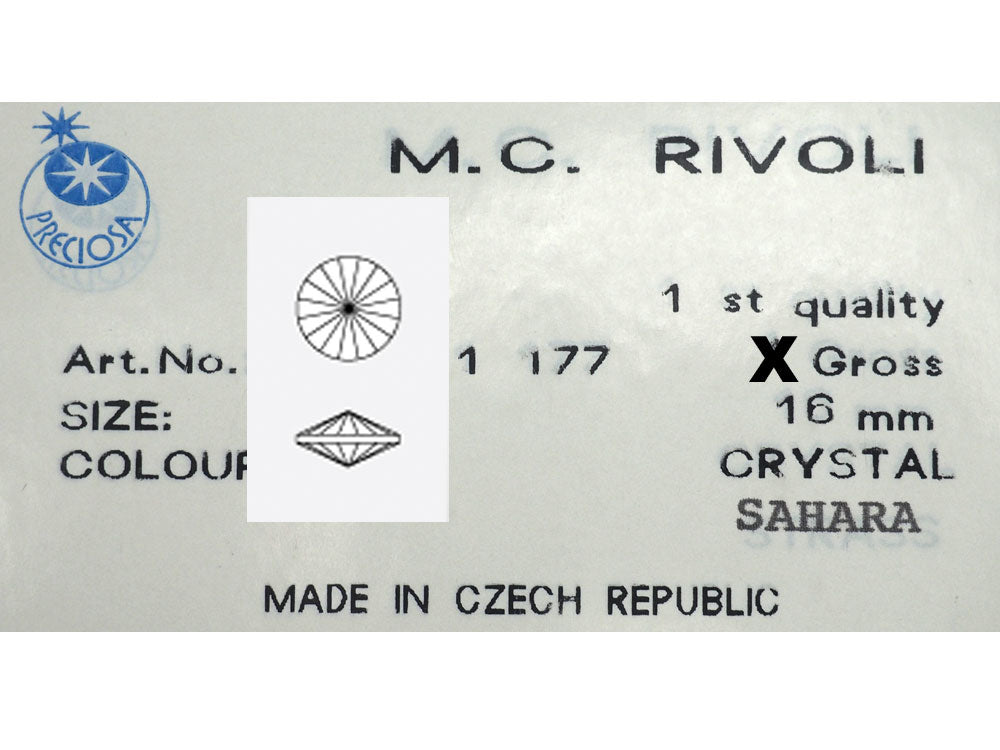 Crystal Sahara, Preciosa Czech MC Rivoli Stones in size 16mm, 12 pieces, Clear multi yellow and green coated
