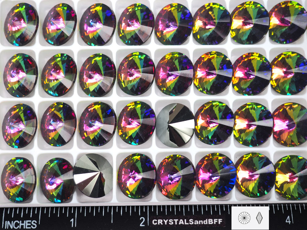 Crystal Vitrail Medium, Preciosa Czech MC Rivoli Stones in size 16mm, 12 pieces, Clear coated with Green Vitrail