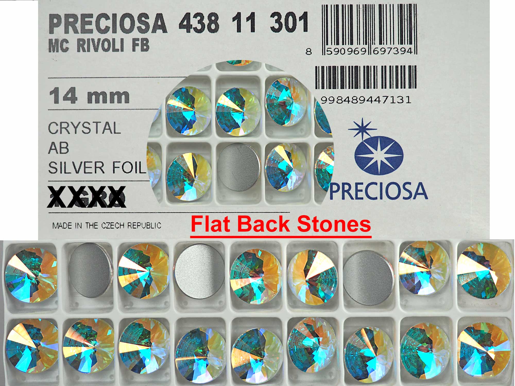 Crystal AB, Preciosa Czech MC RIVOLI FLATBACK Stones Style #438-11-301 Silver Foiled, sizes 14mm and 16mm, 12 pieces