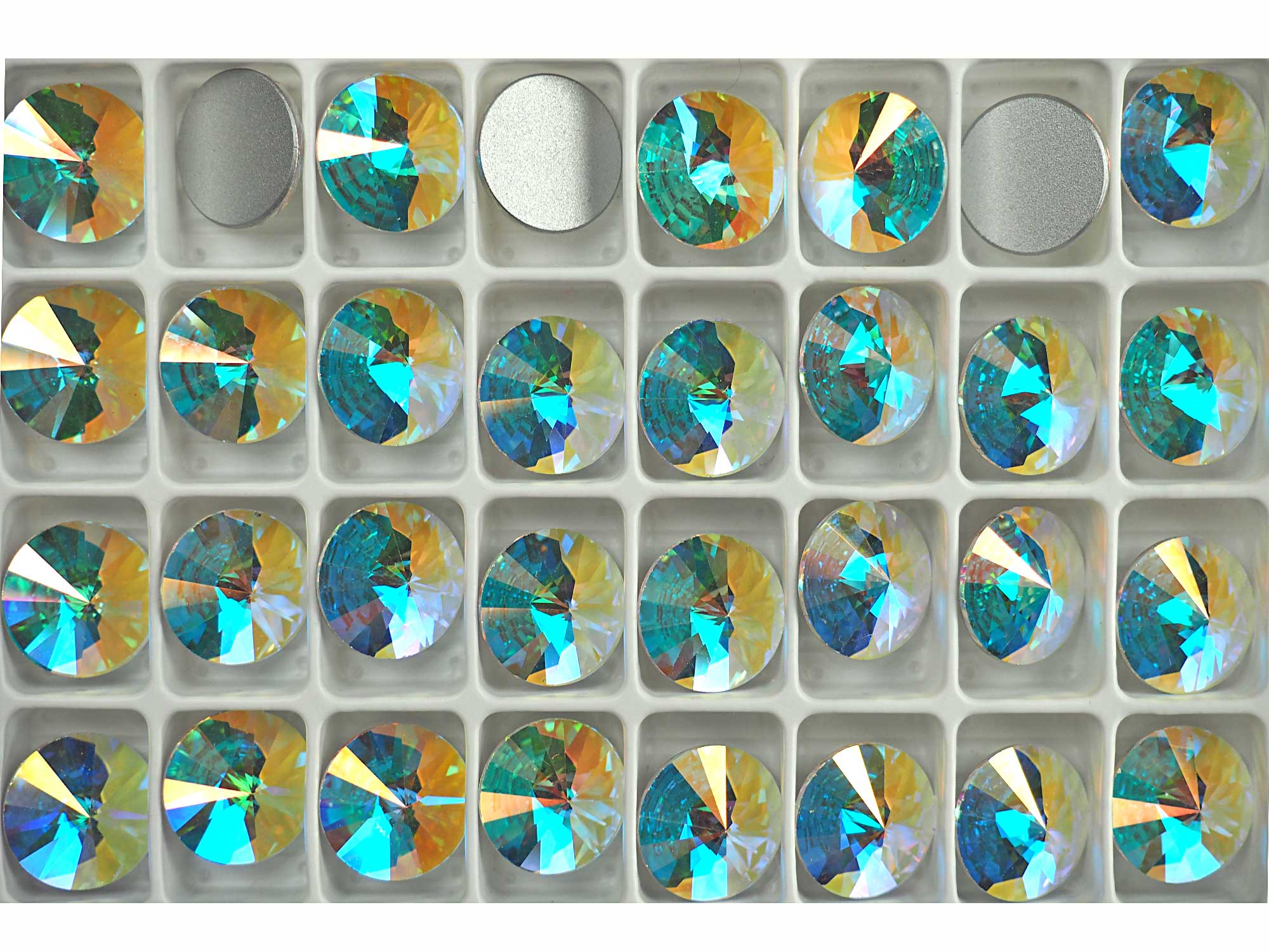 Crystal AB, Preciosa Czech MC RIVOLI FLATBACK Stones Style #438-11-301 Silver Foiled, sizes 14mm and 16mm, 12 pieces