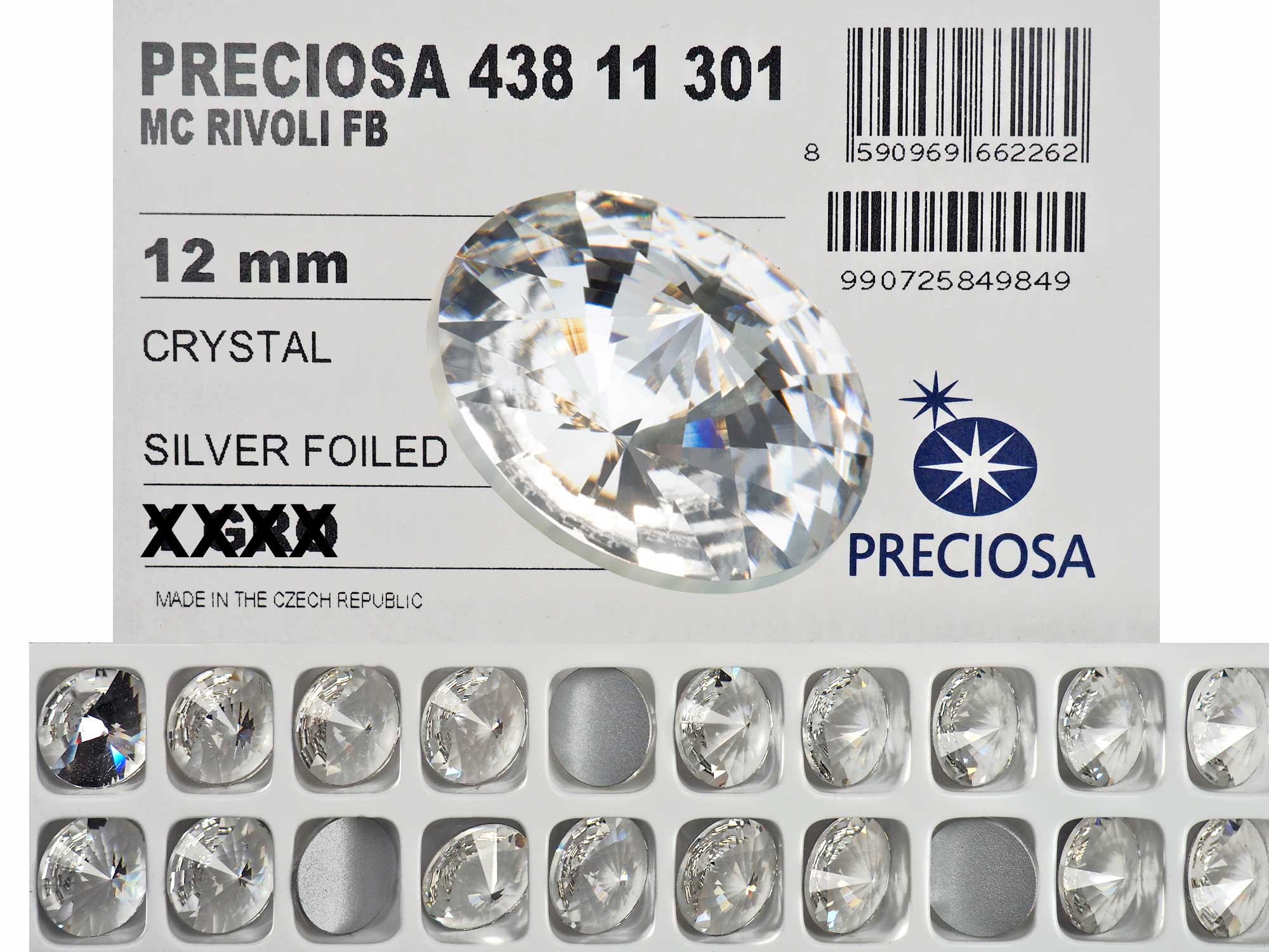 Crystal , Preciosa Czech MC RIVOLI Flatback Stones Style #438-11-301 Silver Foiled, sizes 10mm, 12mm, 14mm and 16mm