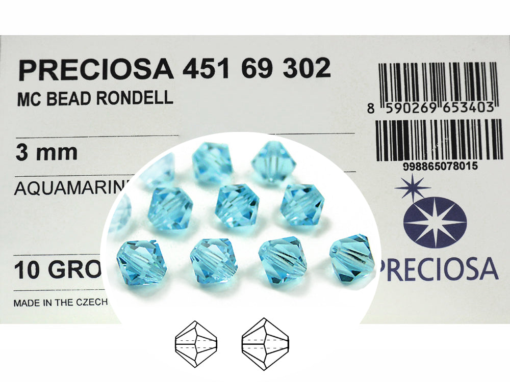 Aquamarine (Preciosa color), Czech Glass Beads, Machine Cut Bicones (M -  Crystals and Beads for Friends