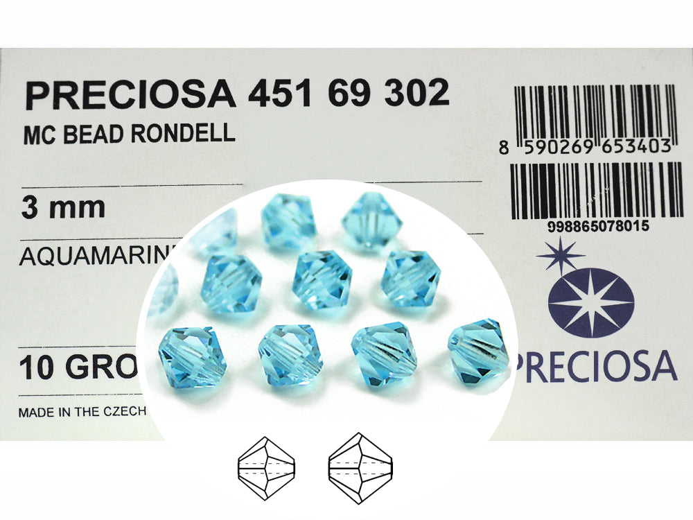 Aquamarine Preciosa Czech Glass Beads Machine Cut Bicones (MC Rondell Diamond Shape) Aqua blue crystals 3mm 4mm 5mm 6mm 8mm