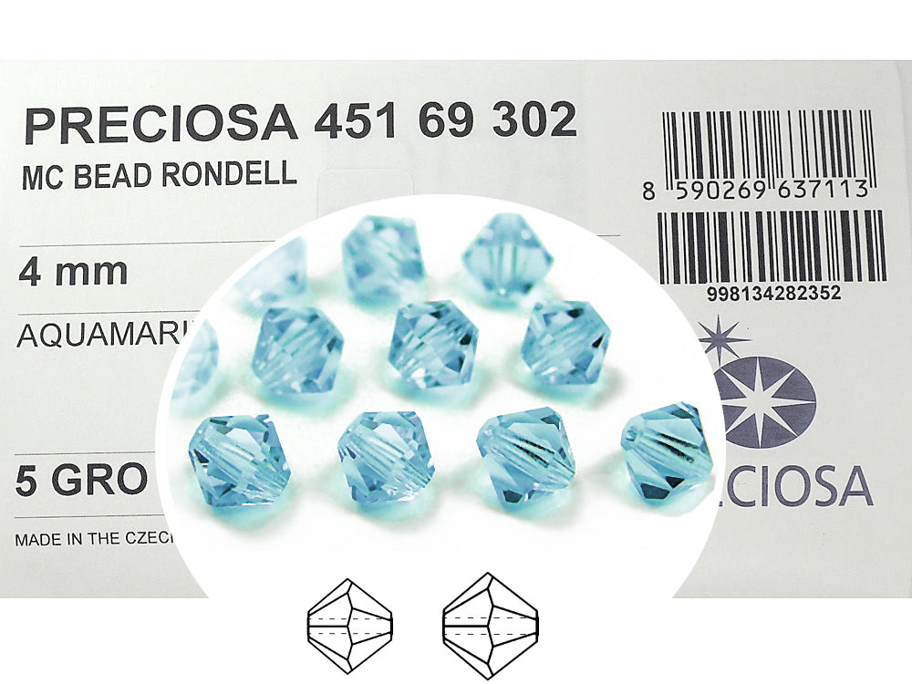 Aquamarine Preciosa Czech Glass Beads Machine Cut Bicones (MC Rondell Diamond Shape) Aqua blue crystals 3mm 4mm 5mm 6mm 8mm