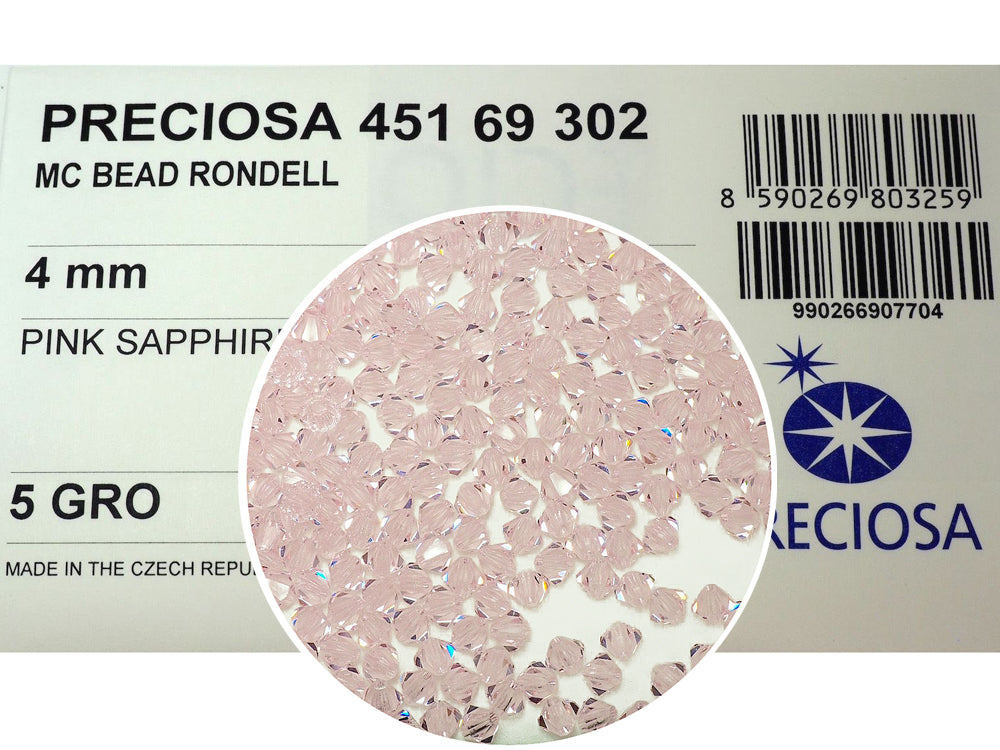 Pink Sapphire Preciosa Czech Glass Beads Machine Cut Bicones (MC Rondell Diamond Shape) light pink crystals 4mm 6mm 8mm