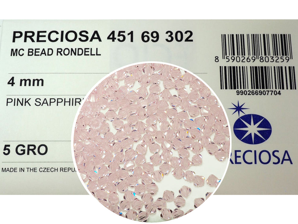Pink Sapphire Preciosa Czech Glass Beads Machine Cut Bicones (MC Rondell, Diamond Shape), light pink crystals