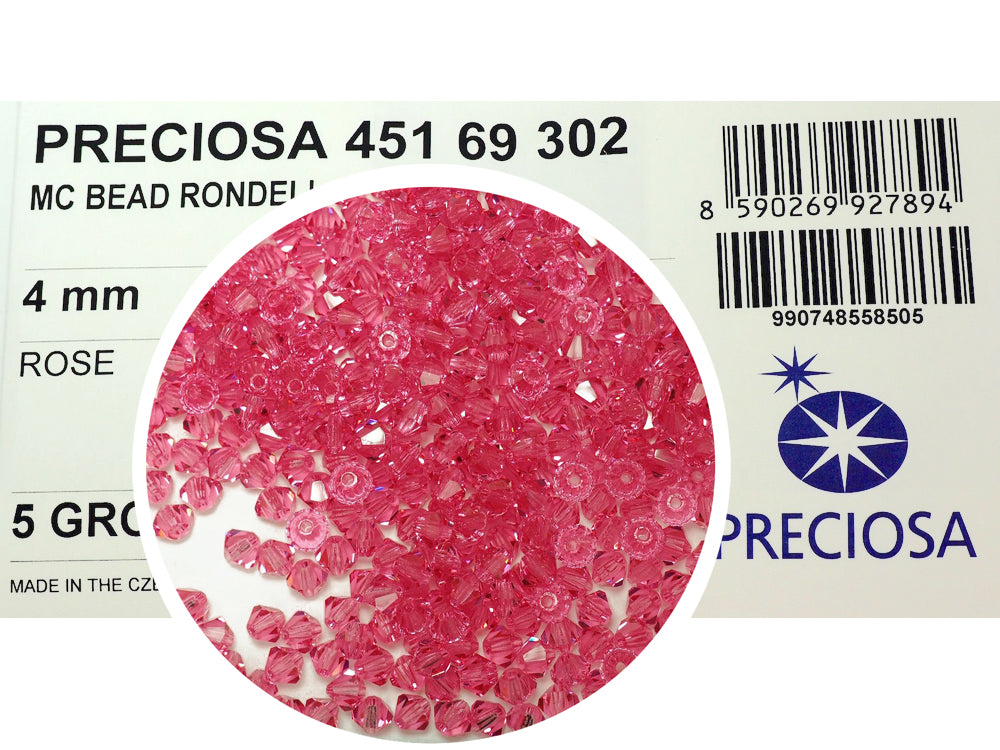 Rose (Preciosa color), Czech Glass Beads, Machine Cut Bicones (MC Rondell, Diamond Shape), dark pink crystals