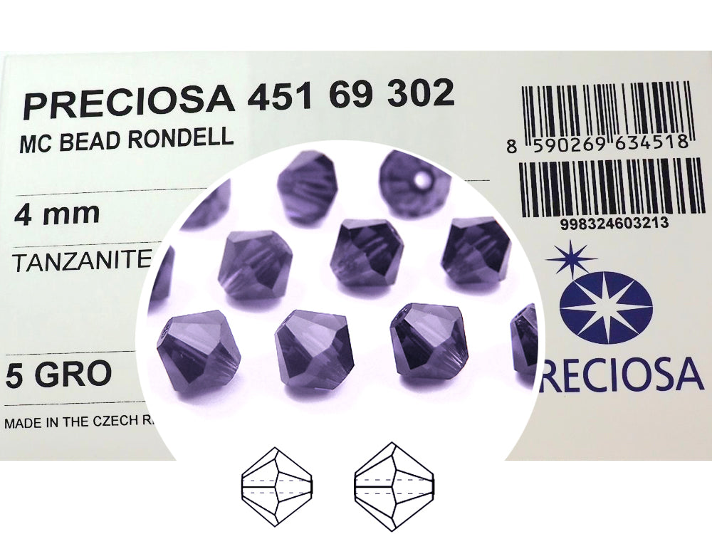 Tanzanite (Preciosa color), Czech Glass Beads, Machine Cut Bicones (MC Rondell, Diamond Shape), purple crystals