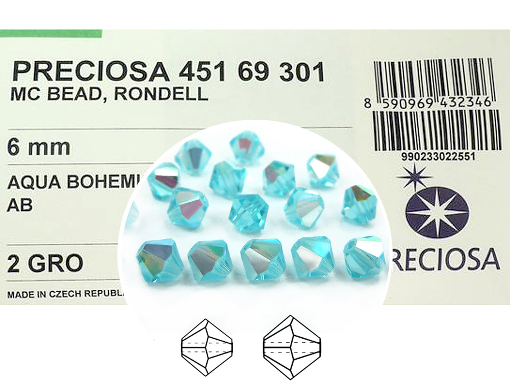 Aqua AB, Czech Glass Beads, Machine Cut Bicones (MC Rondell, Diamond Shape), Aquamarine Aqua Bohemica crystals coated with Aurora Borealis