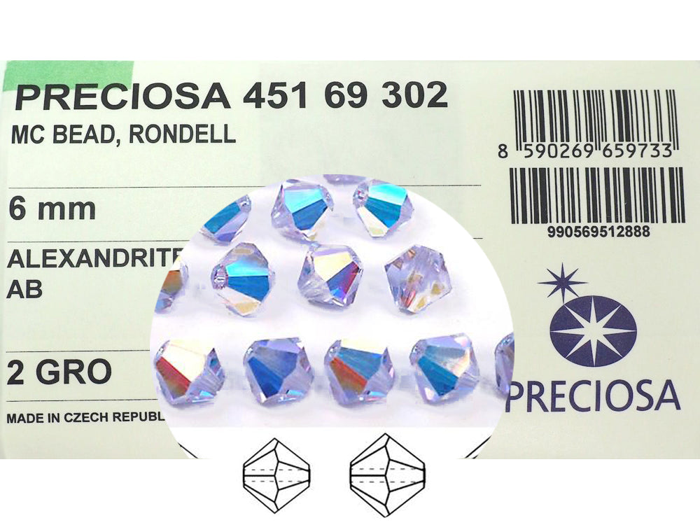 Alexandrite AB, Czech Glass Beads, Machine Cut Bicones (MC Rondell, Diamond Shape), pale blue to violet changing color crystals coated with Aurora Borealis
