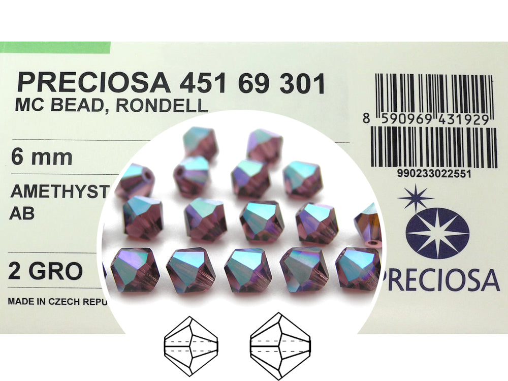 Amethyst AB, Czech Glass Beads, Machine Cut Bicones (MC Rondell, Diamond Shape), purple crystals coated with Aurora Borealis