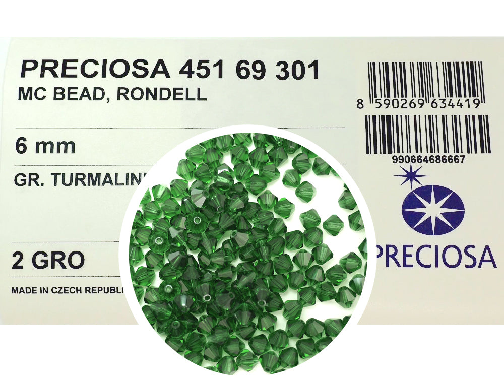 Green Turmaline, Czech Glass Beads, Machine Cut Bicones (MC Rondell, Diamond Shape)