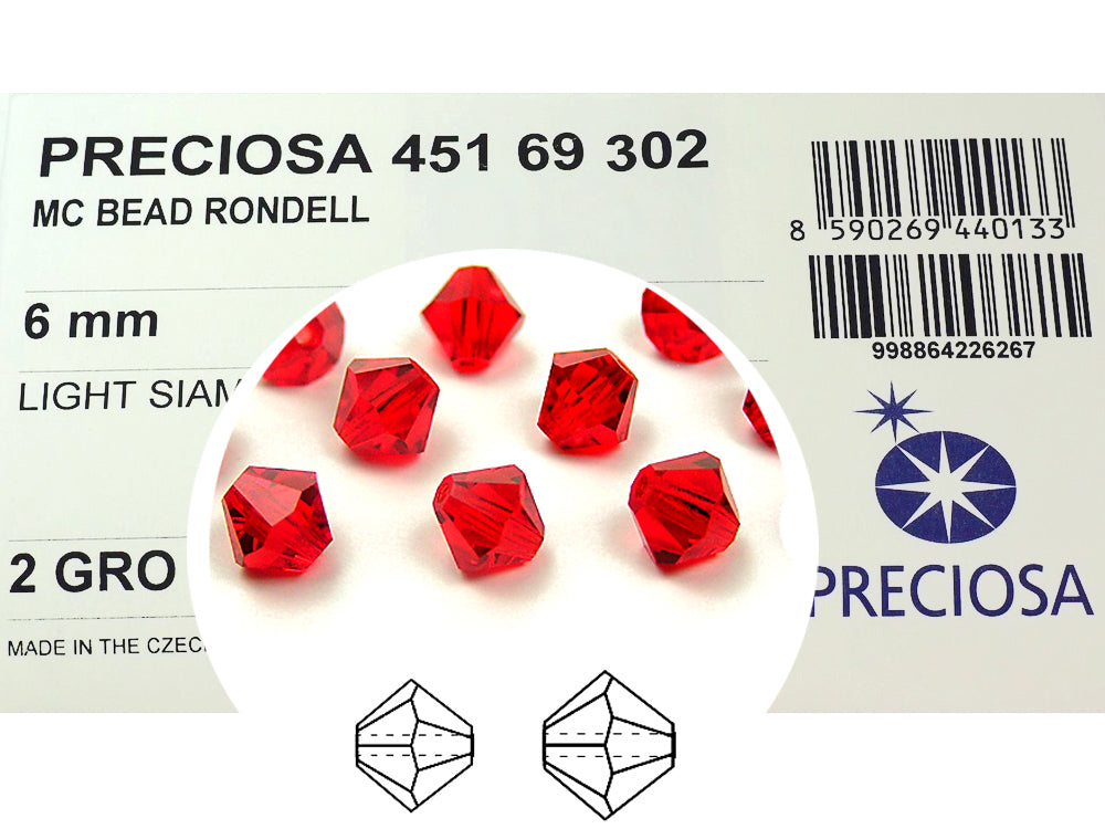 Light Siam, Czech Glass Beads, Machine Cut Bicones (MC Rondell, Diamond Shape), light red crystals