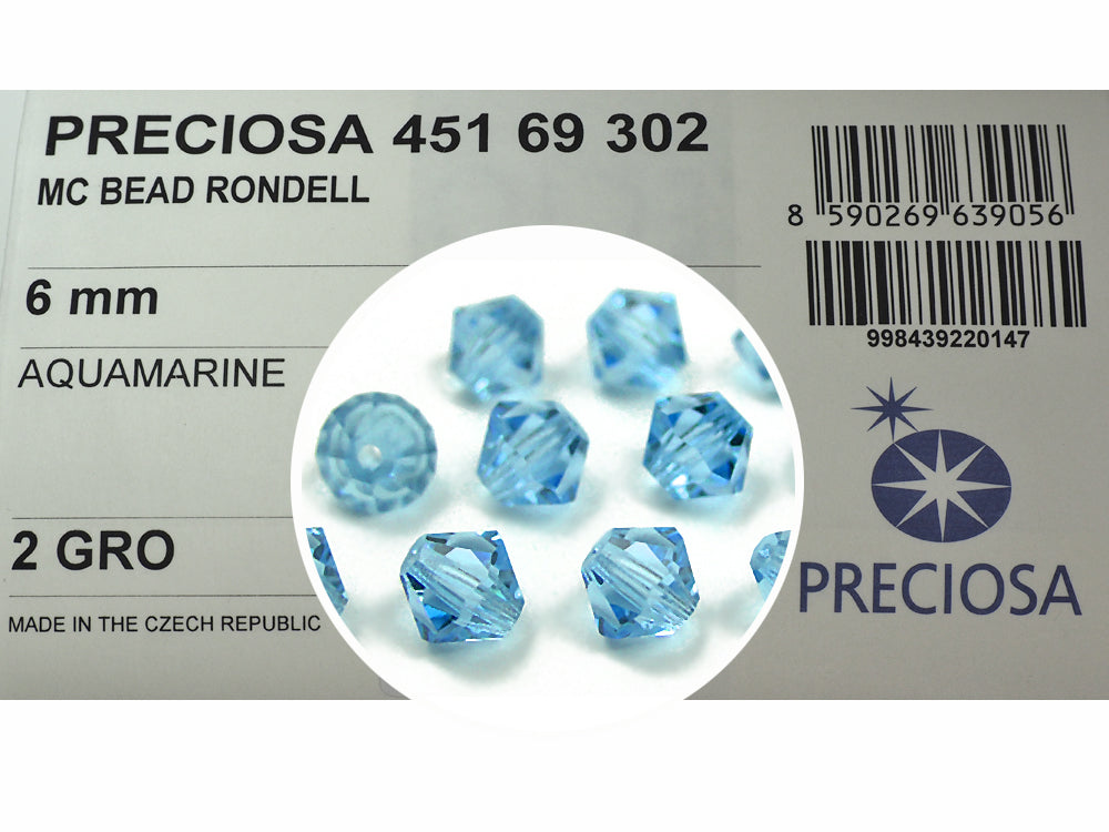 Aquamarine (Preciosa color), Czech Glass Beads, Machine Cut Bicones (MC Rondell, Diamond Shape), Aqua blue crystals