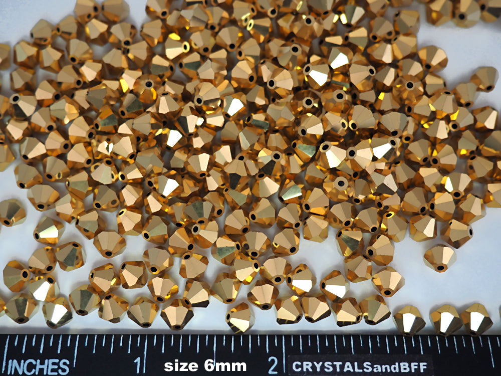Crystal Aurum 2X fully coated Gold Czech Glass Beads Machine Cut Bicones (MC Rondell Diamond Shape) clear crystals double coated with Apollo Aureate 3mm 4mm 5mm