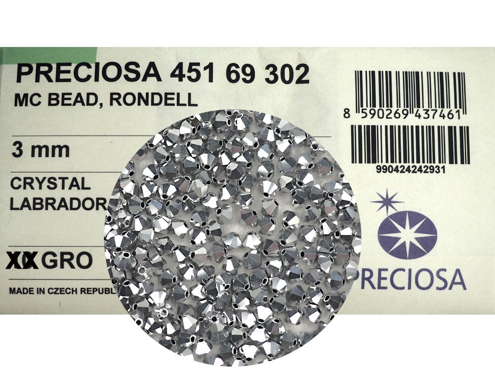 Crystal Labrador Full Czech Glass Beads Machine Cut Bicones (MC Rondell Diamond Shape) clear crystals fully coated with CAL silver metallic 3mm 4mm 5mm 6mm