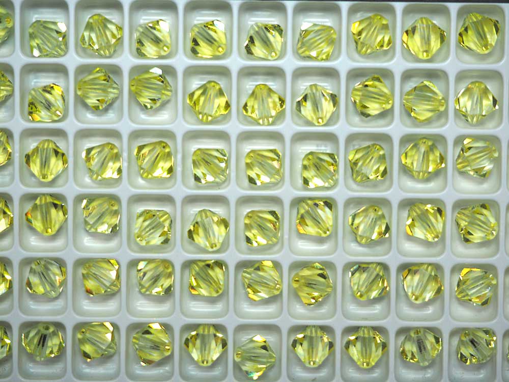 Crystal Medium Yellow colored, Czech Glass Beads, Machine Cut Bicones (MC Rondell, Diamond Shape), clear crystal coated with jonquil yellow, 8mm