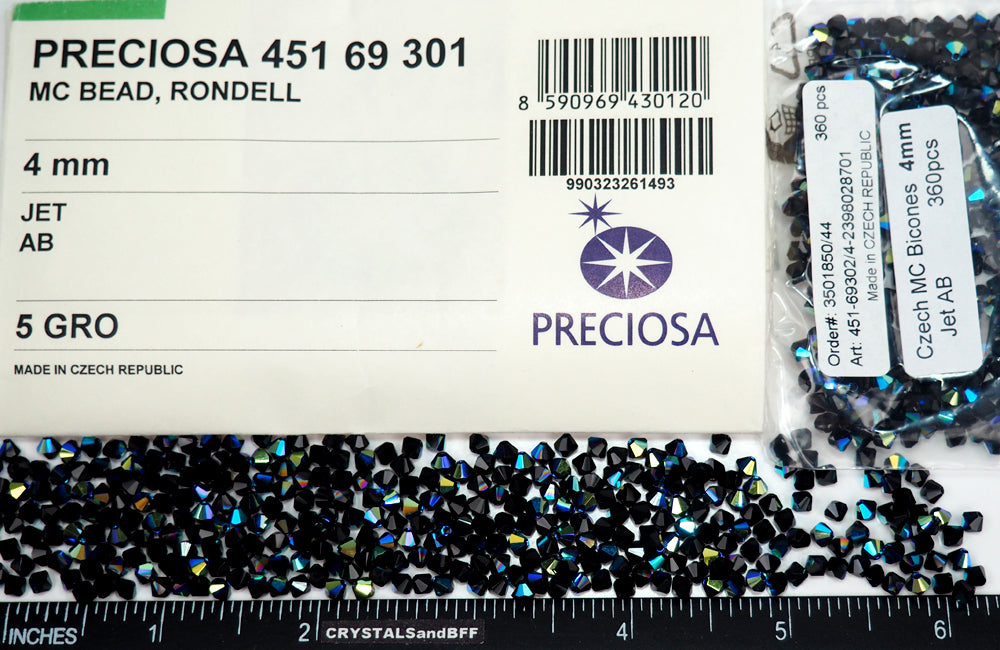 Jet AB, Czech Glass Beads, Machine Cut Bicones (MC Rondell, Diamond Shape), jet black crystals coated with Aurora Borealis