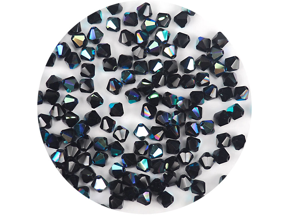 Jet AB, Czech Glass Beads, Machine Cut Bicones (MC Rondell, Diamond Shape), jet black crystals coated with Aurora Borealis