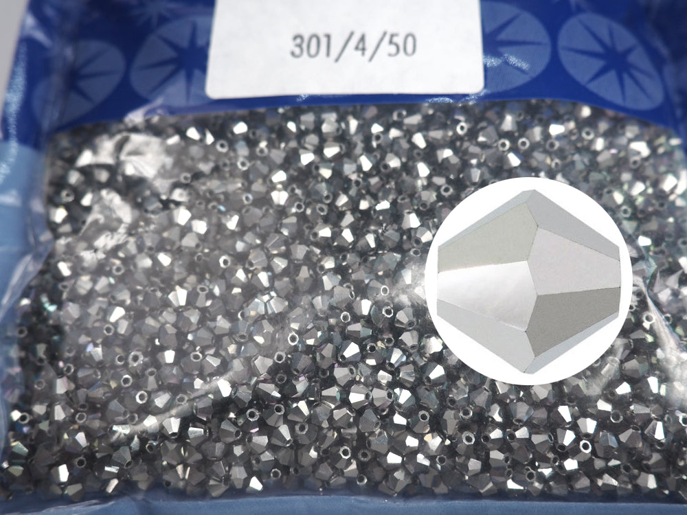 Jet Hematite Light (Labrador Dark), Czech Glass Beads, Machine Cut Bicones (MC Rondell, Diamond Shape), jet black crystals fully coated with silver hematite metallic, 5mm, 144pcs
