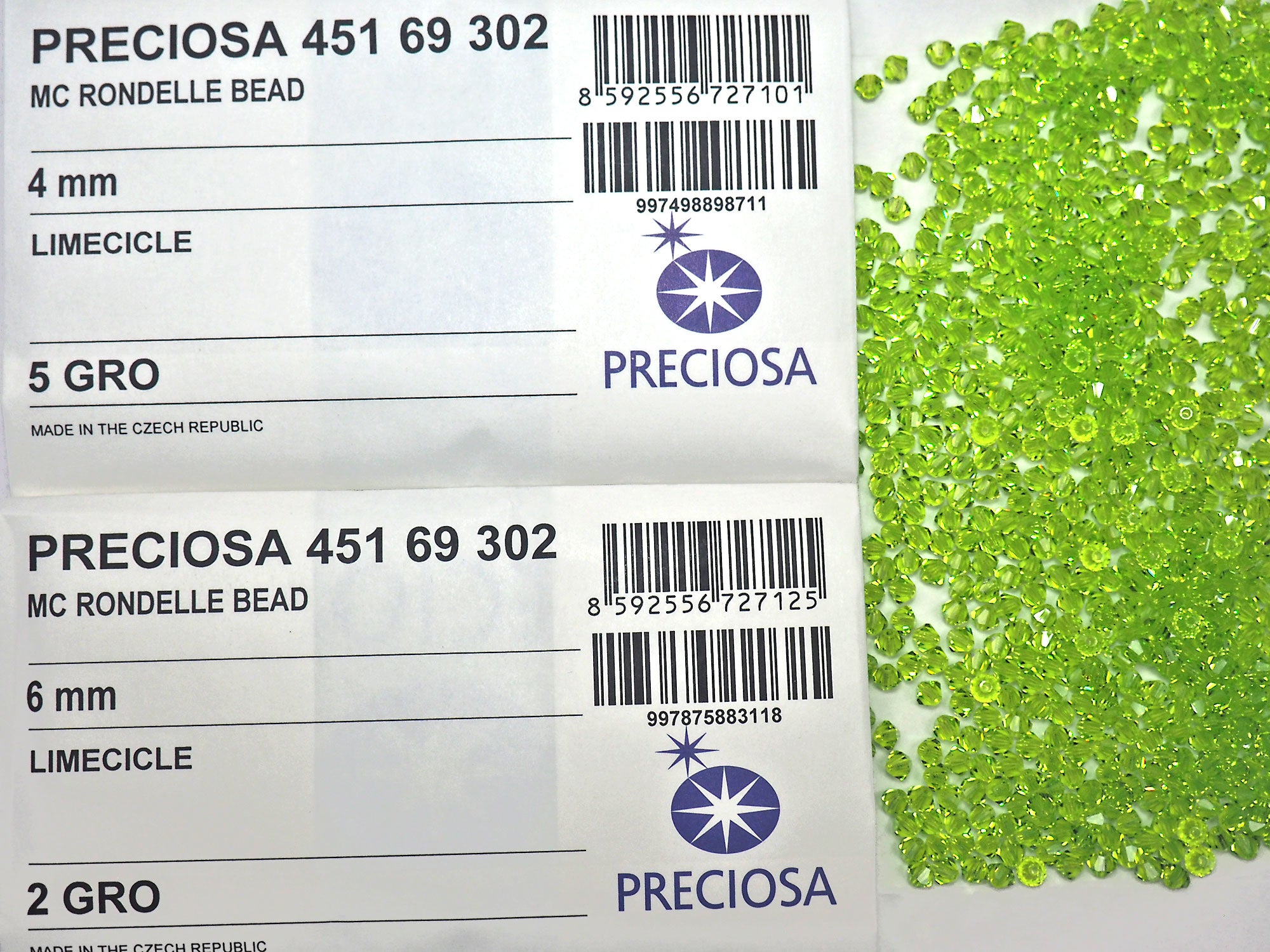 Limecicle (Preciosa color), Czech Glass Beads, Machine Cut Bicones (MC Rondell, Diamond Shape), sharp yellow green crystals