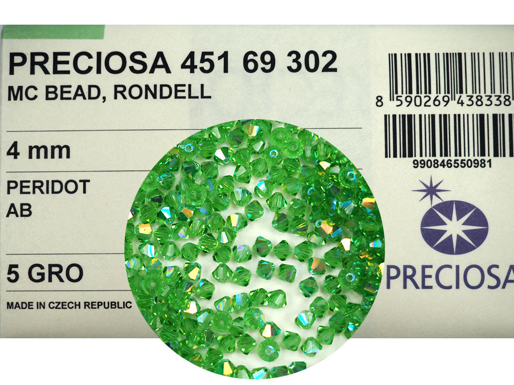 Peridot AB, Czech Glass Beads, Machine Cut Bicones (MC Rondell, Diamond Shape), light green crystals coated with Aurora Borealis