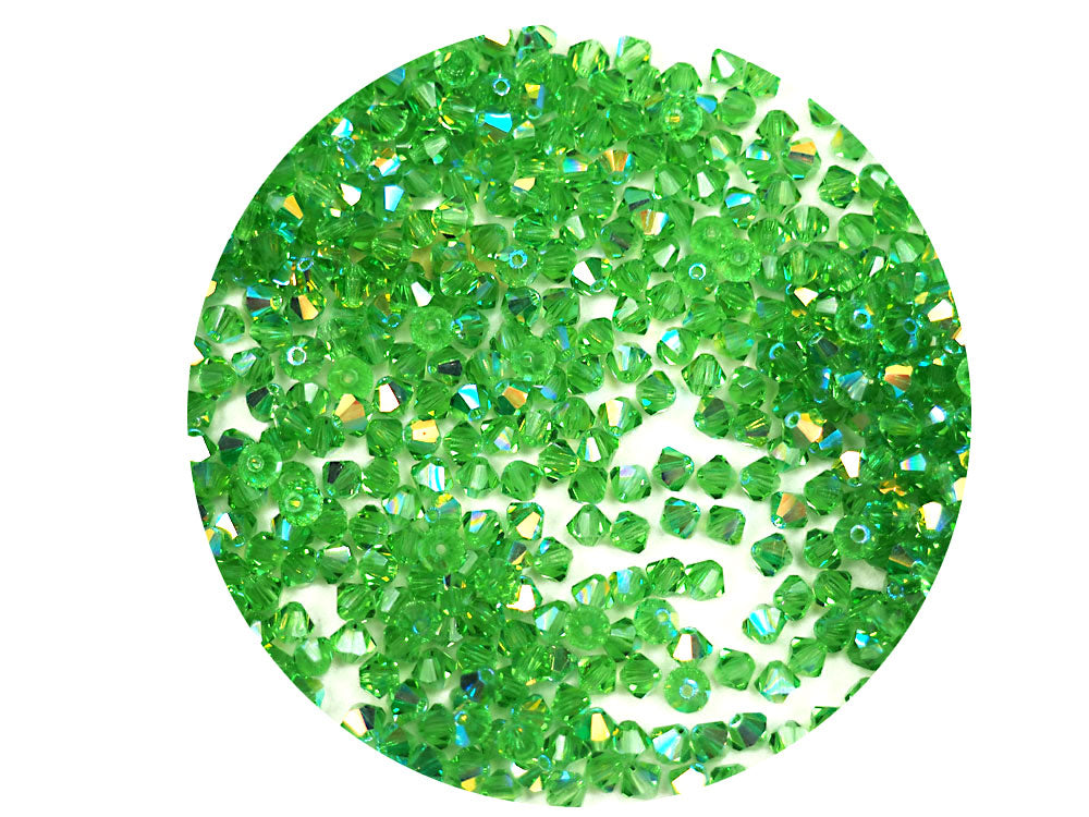 Peridot AB, Czech Glass Beads, Machine Cut Bicones (MC Rondell, Diamond Shape), light green crystals coated with Aurora Borealis