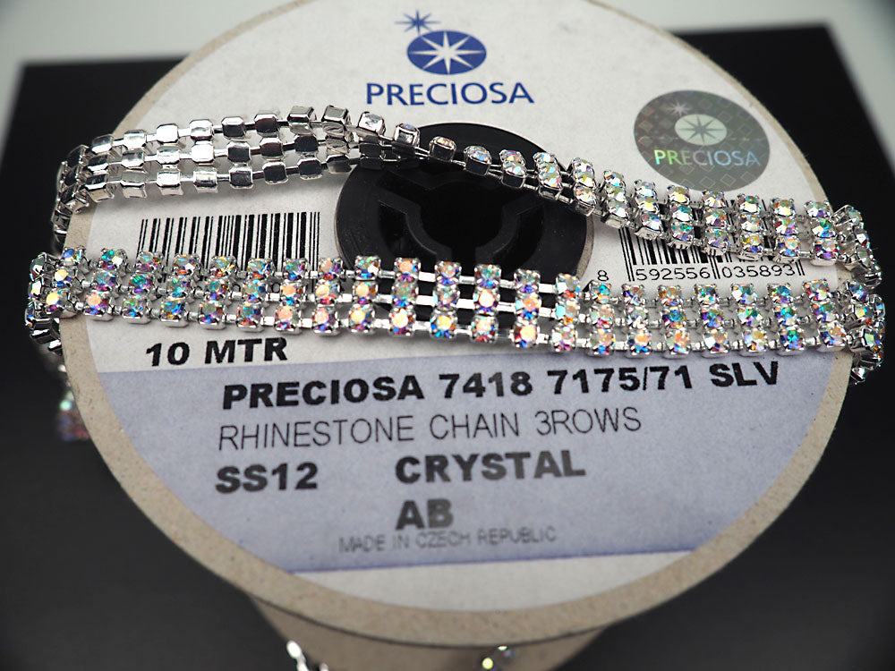 Preciosa Czech 3-ROW Rhinestone Cup Chain ss12 Crystal AB Silver Plated