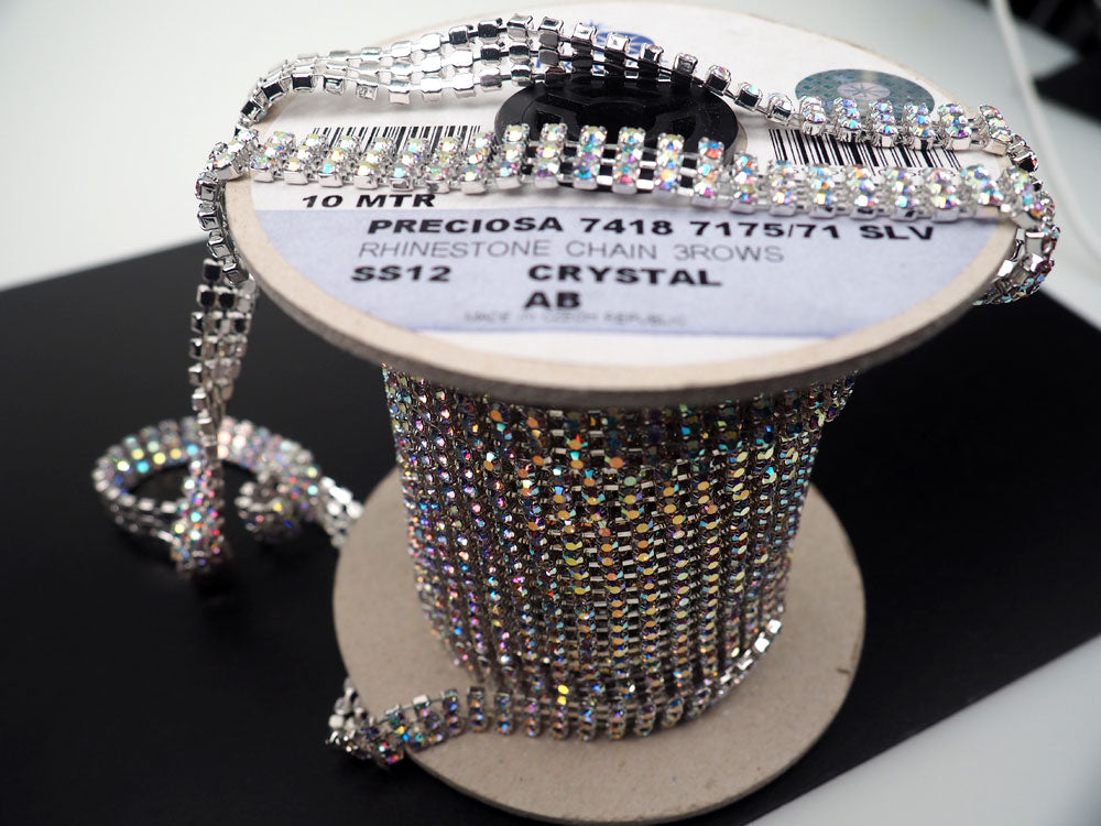 Preciosa Czech 3-ROW Rhinestone Cup Chain ss12 Crystal AB Silver Plate -  Crystals and Beads for Friends