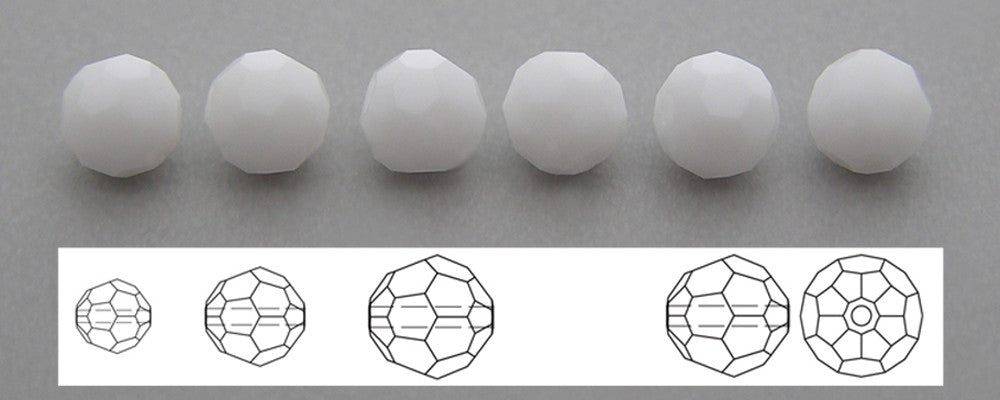 A series of round, white opaque Czech crystal beads displayed side by side with diagrams illustrating the bead cuts.