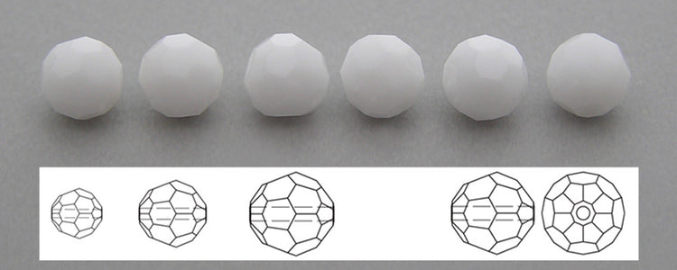 A series of round, white opaque Czech crystal beads displayed side by side with diagrams illustrating the bead cuts.