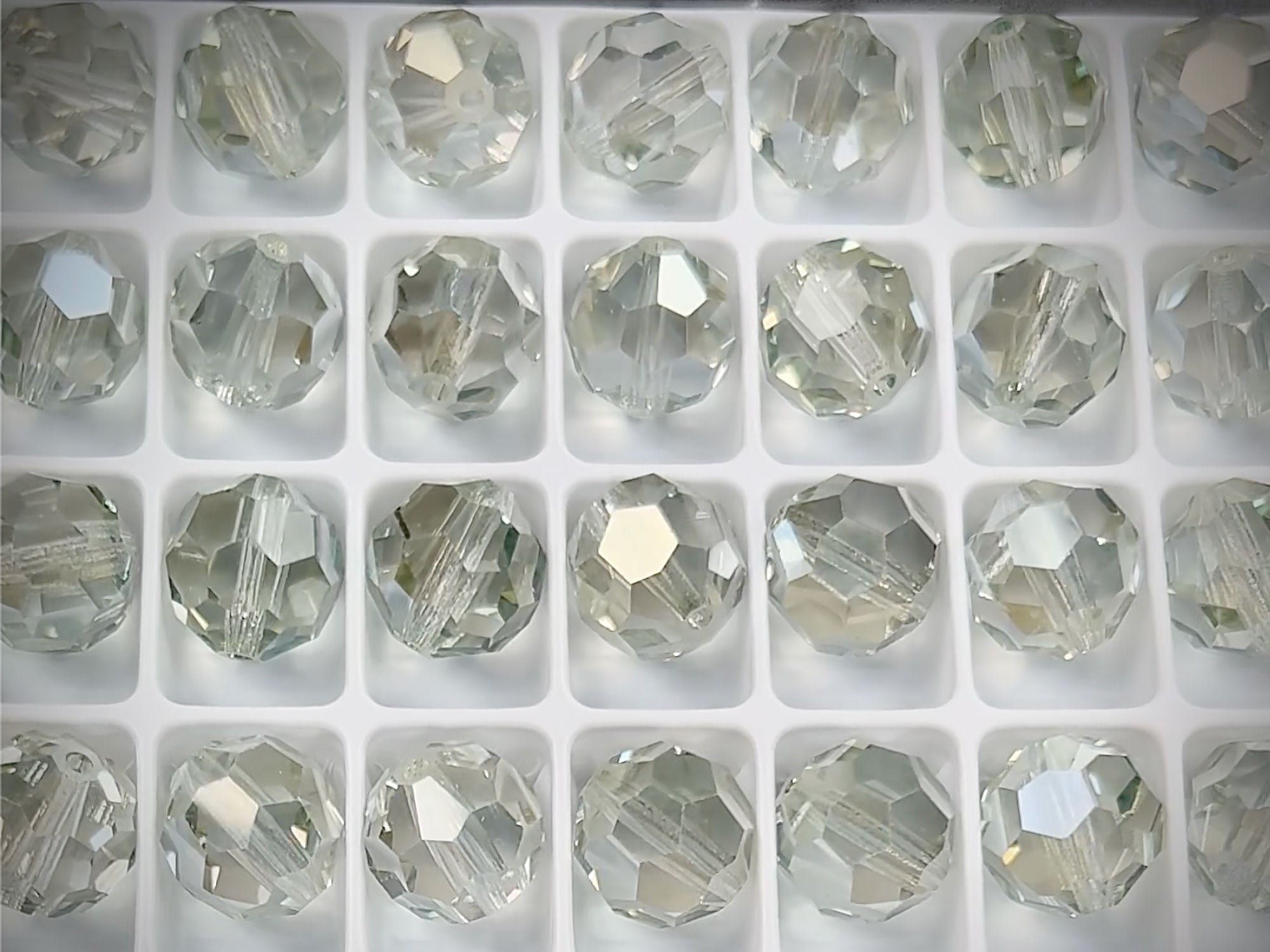 Crystal Viridian coated, Czech Machine Cut Round Crystal Beads, sizes 8mm, 12mm clear crystals silvery green coated