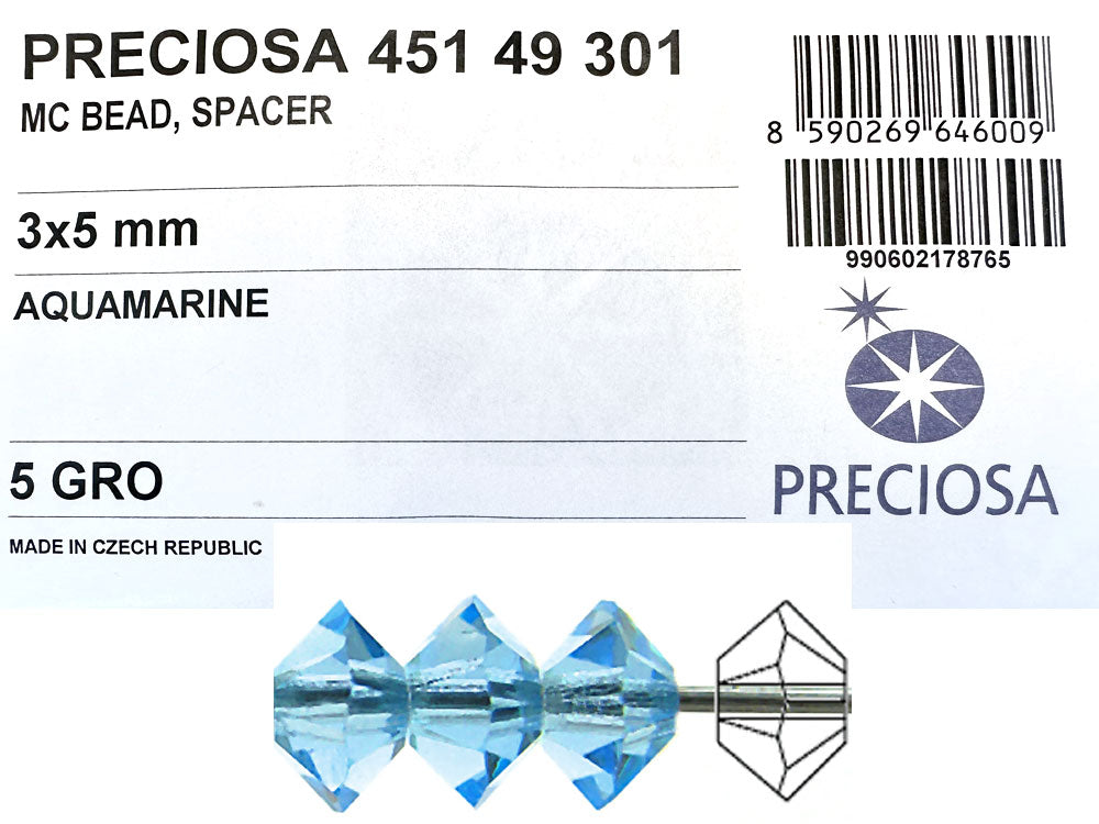 Aquamarine, Czech MC Spacer Beads (Squished Bicones), size 3x5mm, 36 pieces