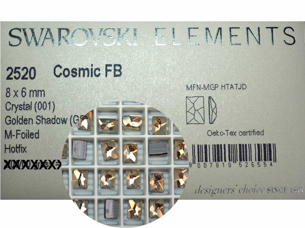 Swarovski Art.# 2520HF - 12 Swarovski Cosmic Rectangle Flatback HotFix in size 8x6mm, Crystal Golden Shadow coated (Iron-on)