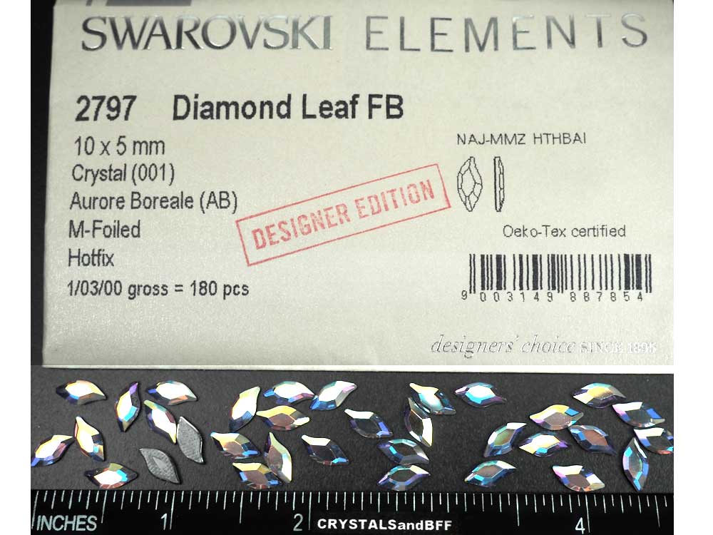 Swarovski Art.# 2797HF - 12 Swarovski Diamond Leaf Flatback HotFix in size 10x5mm, Crystal AB coated (Iron-on)