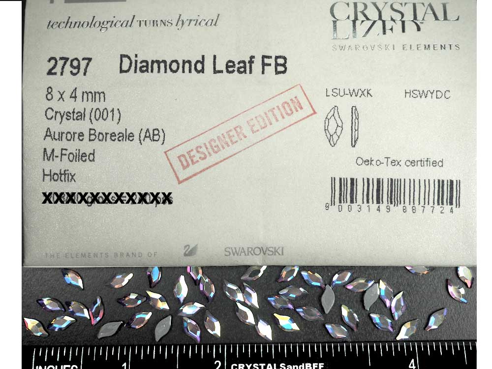 Swarovski Art.# 2797HF - 24 Swarovski Diamond Leaf Flatback HotFix in size 8x4mm, Crystal AB coated (Iron-on)