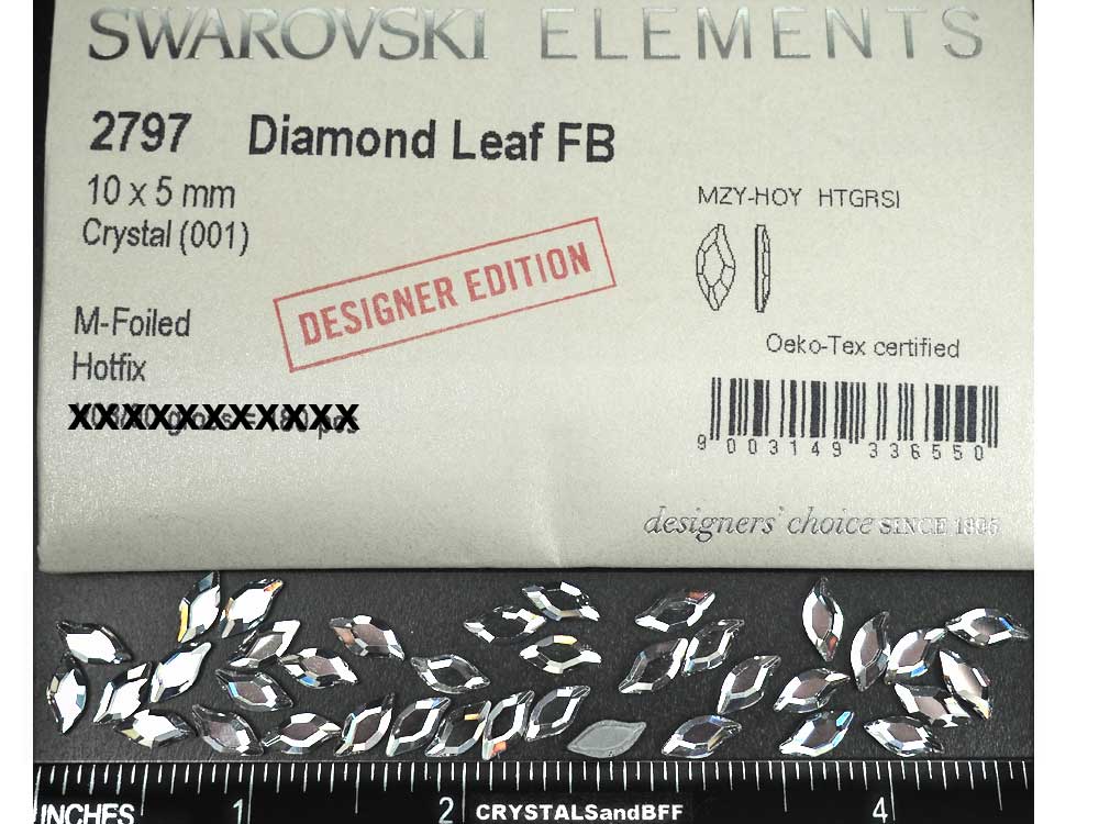 Swarovski Art.# 2797HF - 12 Swarovski Diamond Leaf Flatback HotFix in size 10x5mm, clear Crystal (Iron-on)