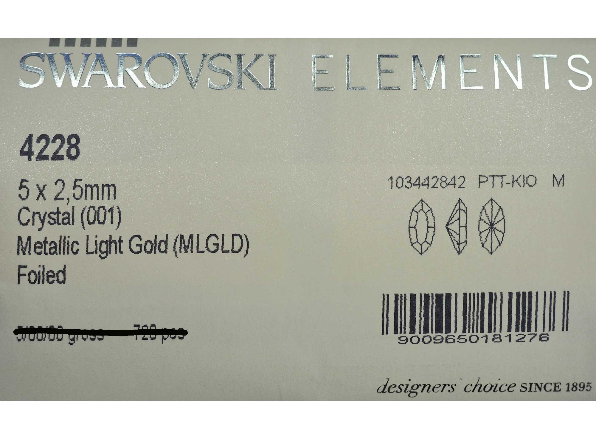 Swarovski Art.# 4228 - Xilion Navette Fancy Stone in 5x2.5mm Crystal Metallic Light Gold, 36 Rhinetones