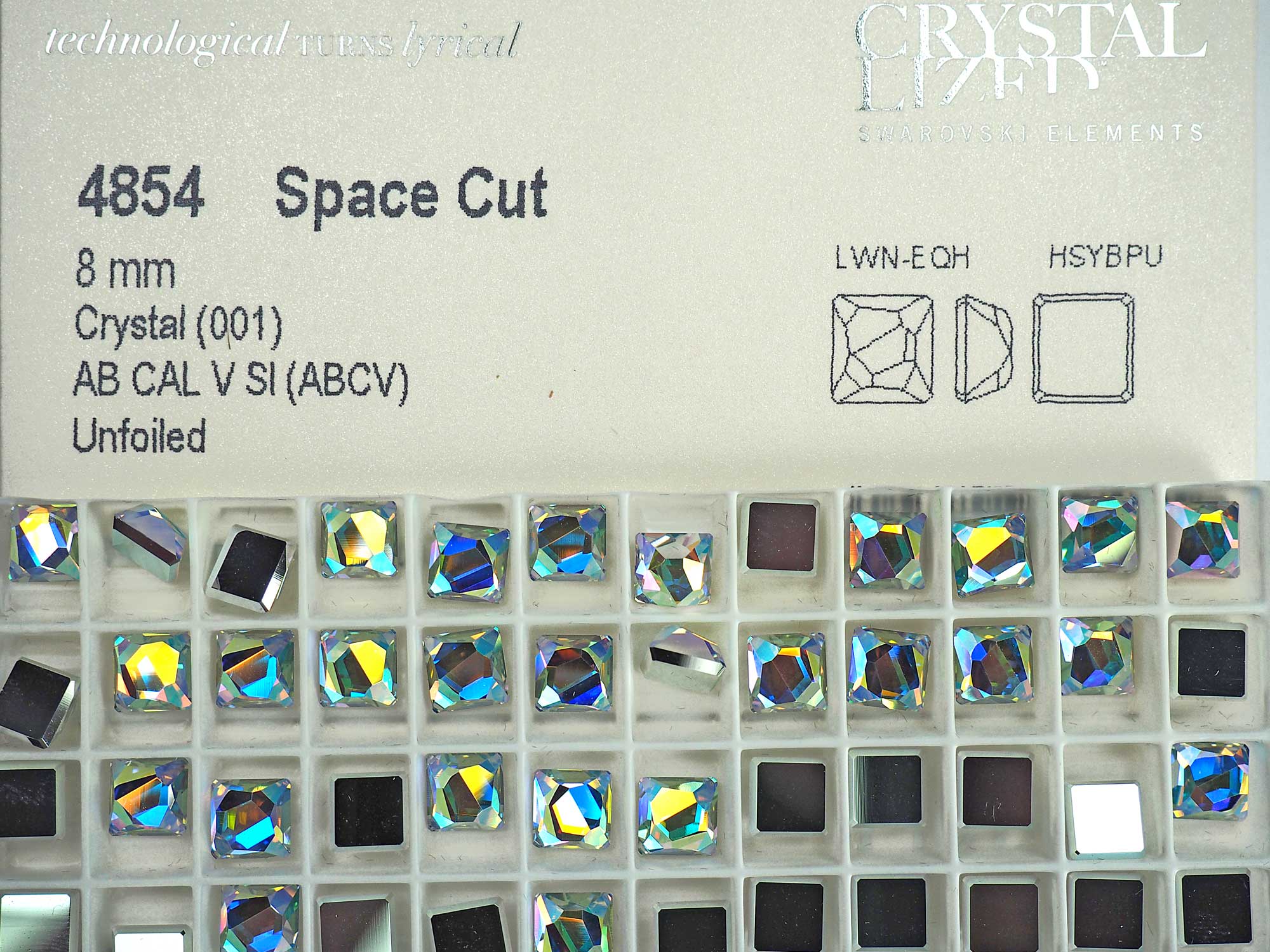 Swarovski Art.# 4854 - 8mm Crystal AB CAL Space Cut Square Flat Back Rhinestones