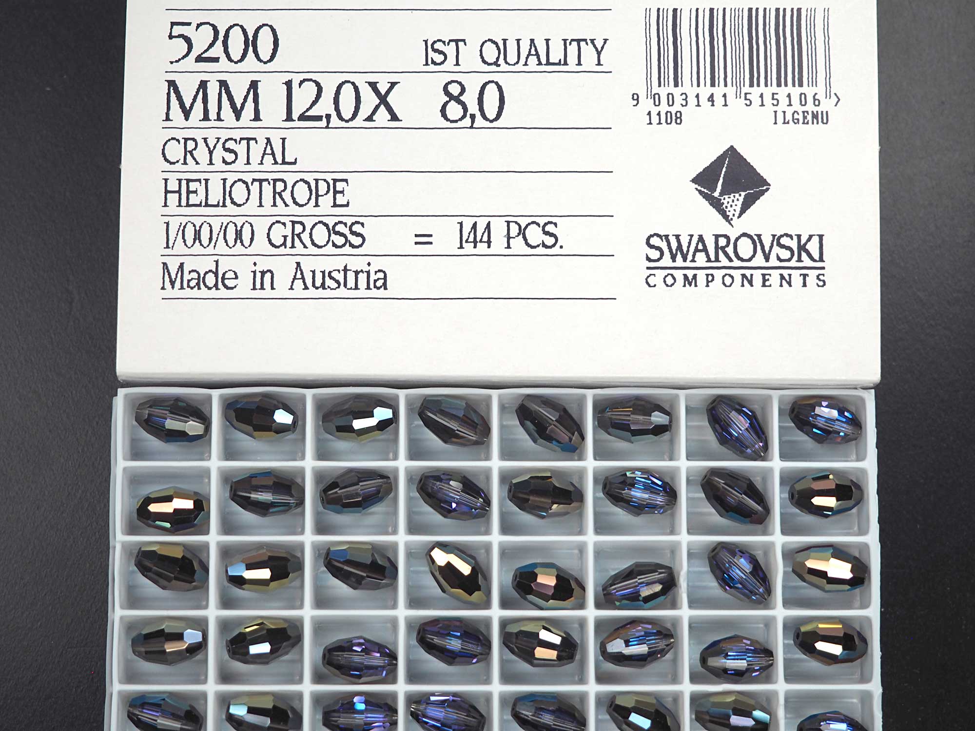 Swarovski Art.# 5200 - 12x8mm Crystal Heliotrope, 144pcs Vintage Crystal Barrel Beads