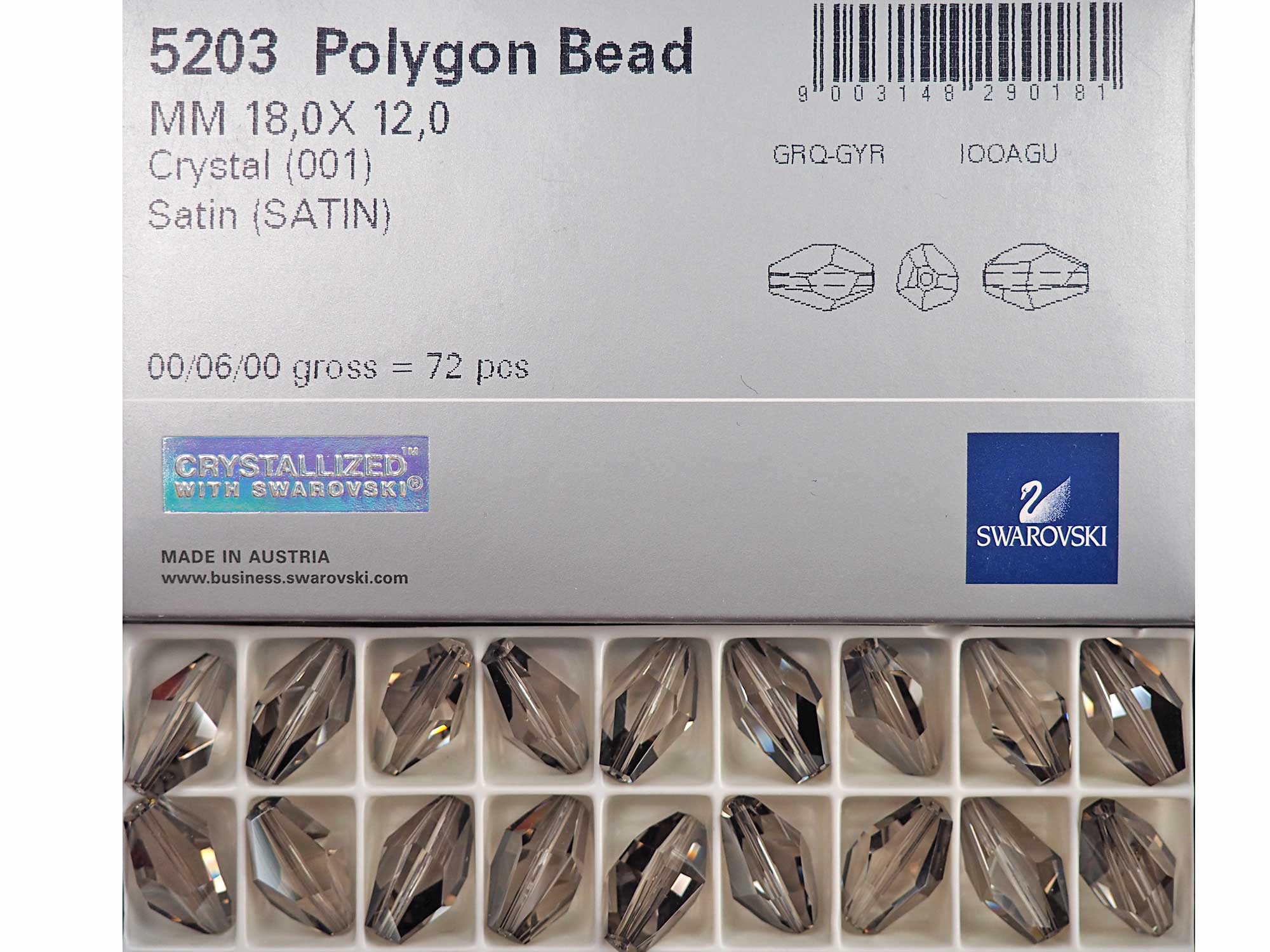 Swarovski Art.# 5203 - 18x12mm Crystal Satin Coated, Genuine Swarovski Faceted Polygon Beads, 4 pieces