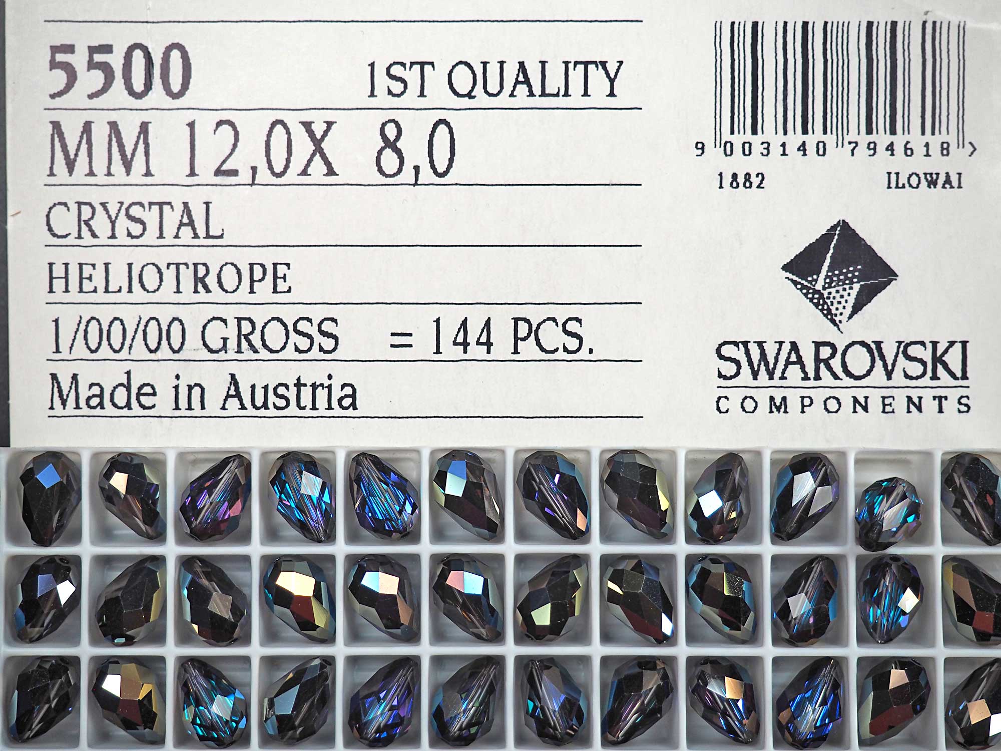 Swarovski Art.# 5500 - 12x8mm Crystal Heliotrope Coated, Genuine Swarovski Faceted Teardrop Beads, 6 pieces