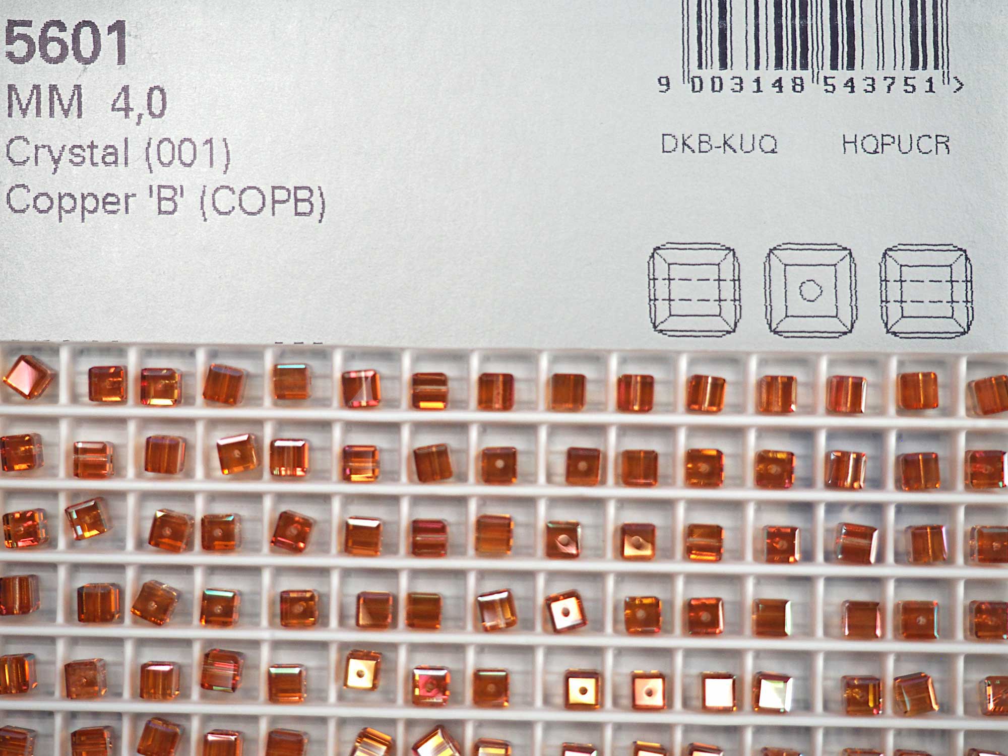 Swarovski Art.# 5601 - 4mm Crystal Copper coated Crystal Cube Beads, 12pcs