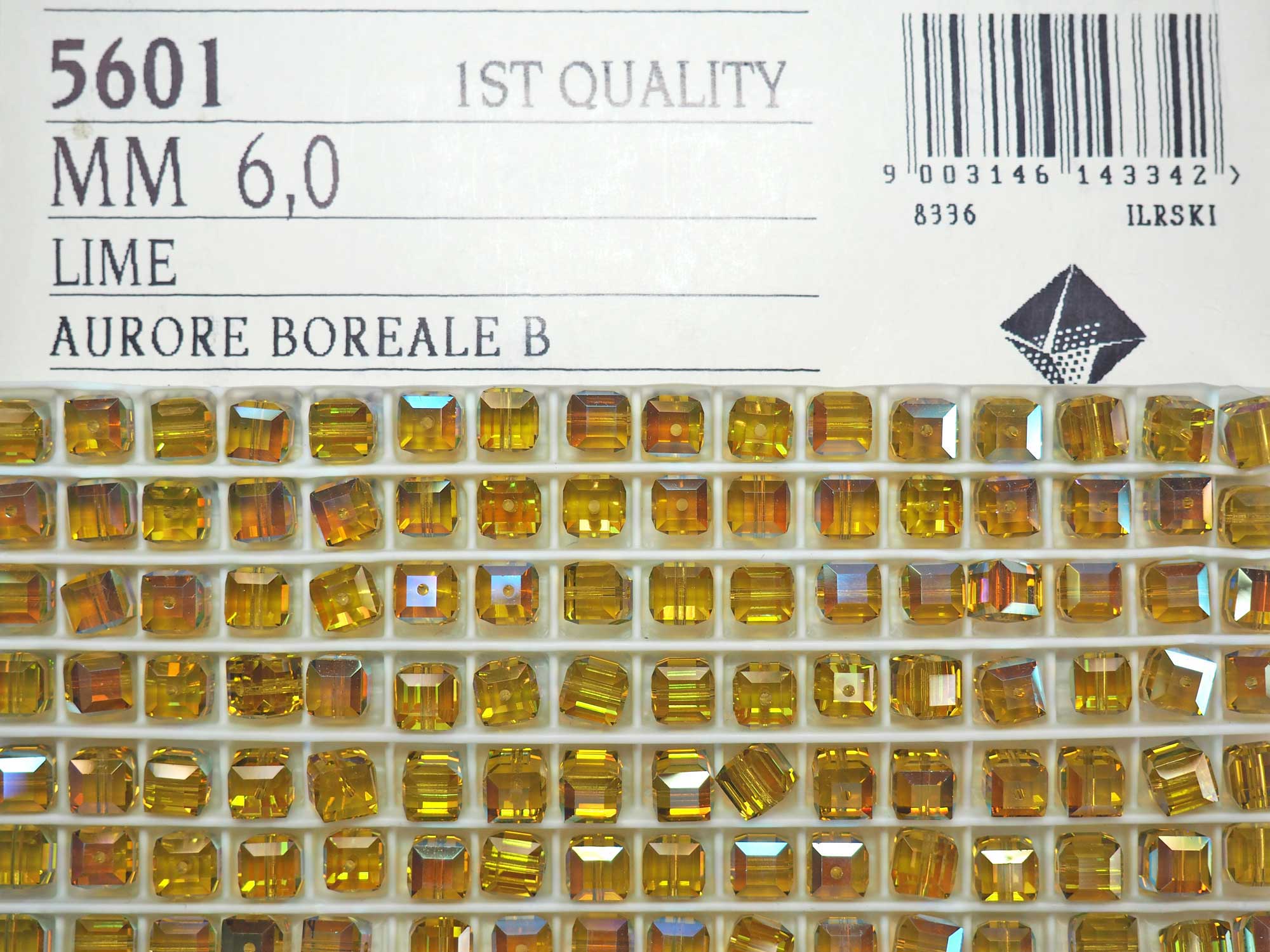 Swarovski Art.# 5601 - 6mm Lime AB coated Crystal Cube Beads, 12pcs